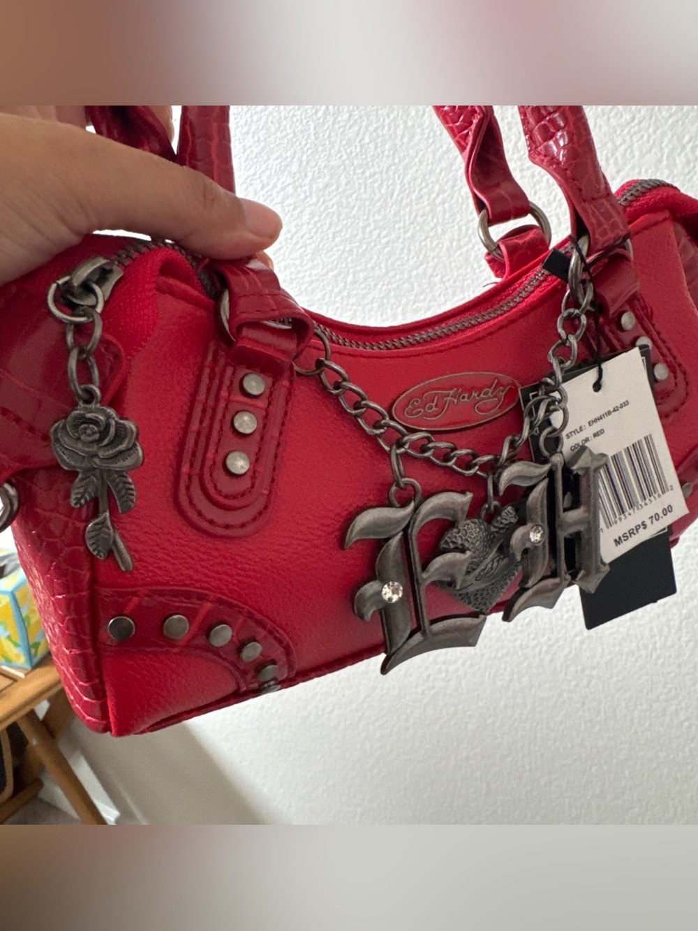 Ed Hardy Red Mini Satchel with Signature Metal Charm - Picture 4 of 6